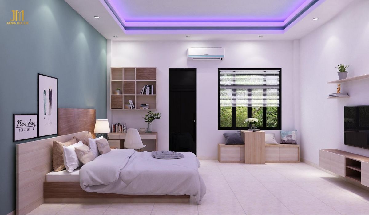 Mẫu thiết kế nội thất phòng ngủ màu trắng hiện đại sử dụng hệ thống đèn Led huyền ảo