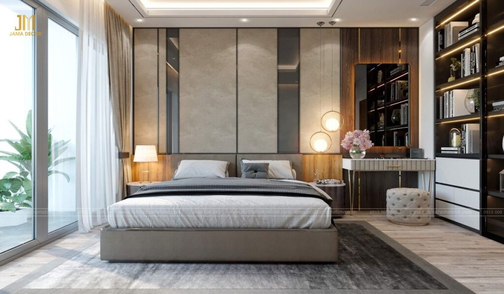Phòng ngủ cao cấp với không gian mở và cửa sổ lớn, tạo cảm giác thoáng đãng và rộng rãi.
