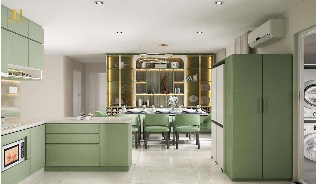 
Không gian bếp được tạo thêm điểm nhấn bằng kệ trưng bày quà lưu niệm là xu hướng thiết kế nội thất bếp đẹp