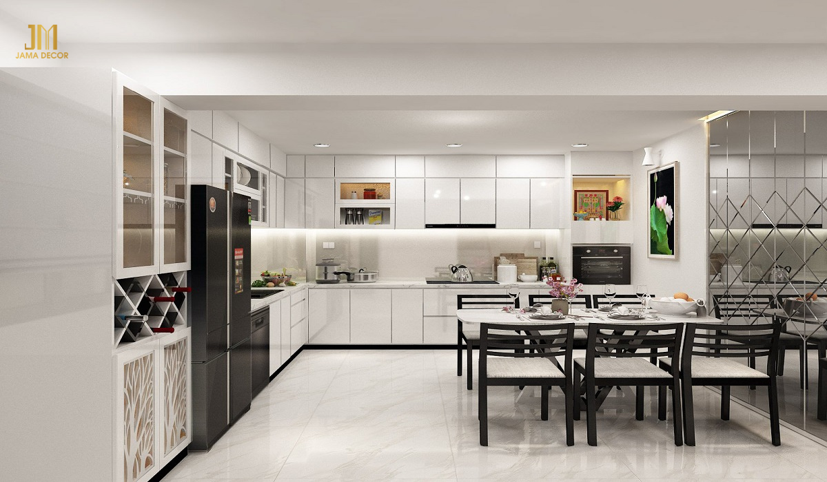 Không gian nhà bếp tích hợp phòng ăn hiện đại, tiện dụng