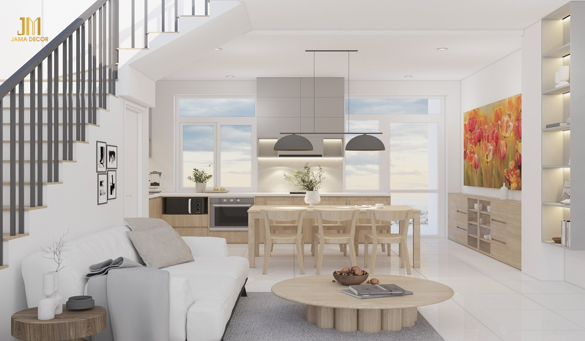 Phòng bếp với phong cách tối giản sử dụng tone màu trắng tạo ra không gian sáng sủa