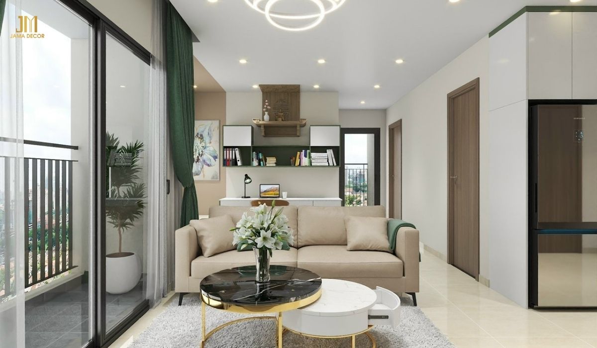 phòng khách có sofa chữ i và bàn trà tròn