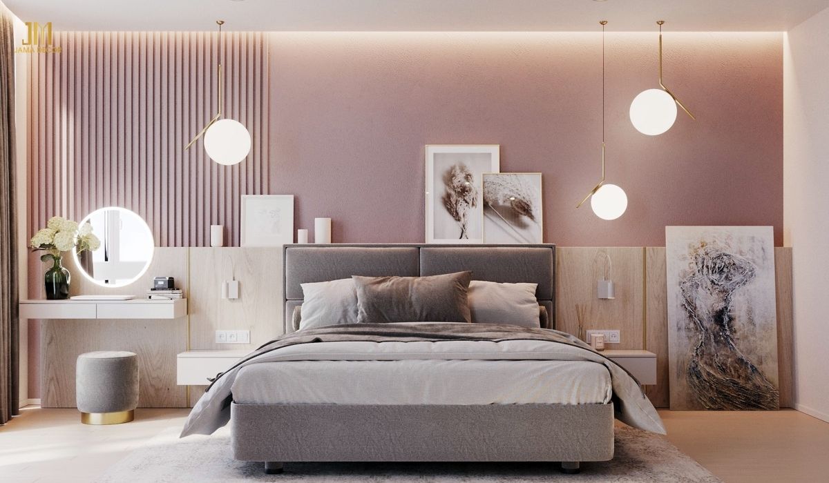 phòng ngủ màu hồng kết hợp nội thất màu xám tạo cảm giác sang trọng