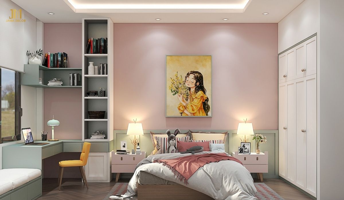 phòng ngủ cho bé gái có tone màu hồng kết hợp với màu xanh đẹp mắt