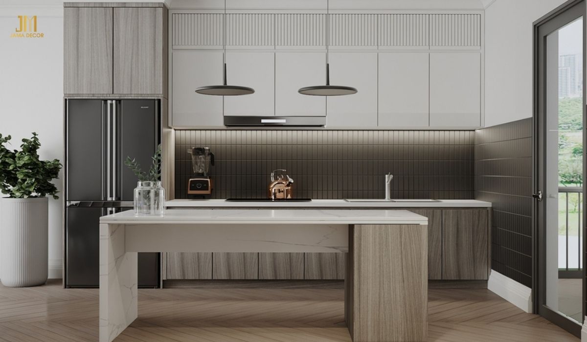 bếp chữ i có bàn đảo tone màu trung tính