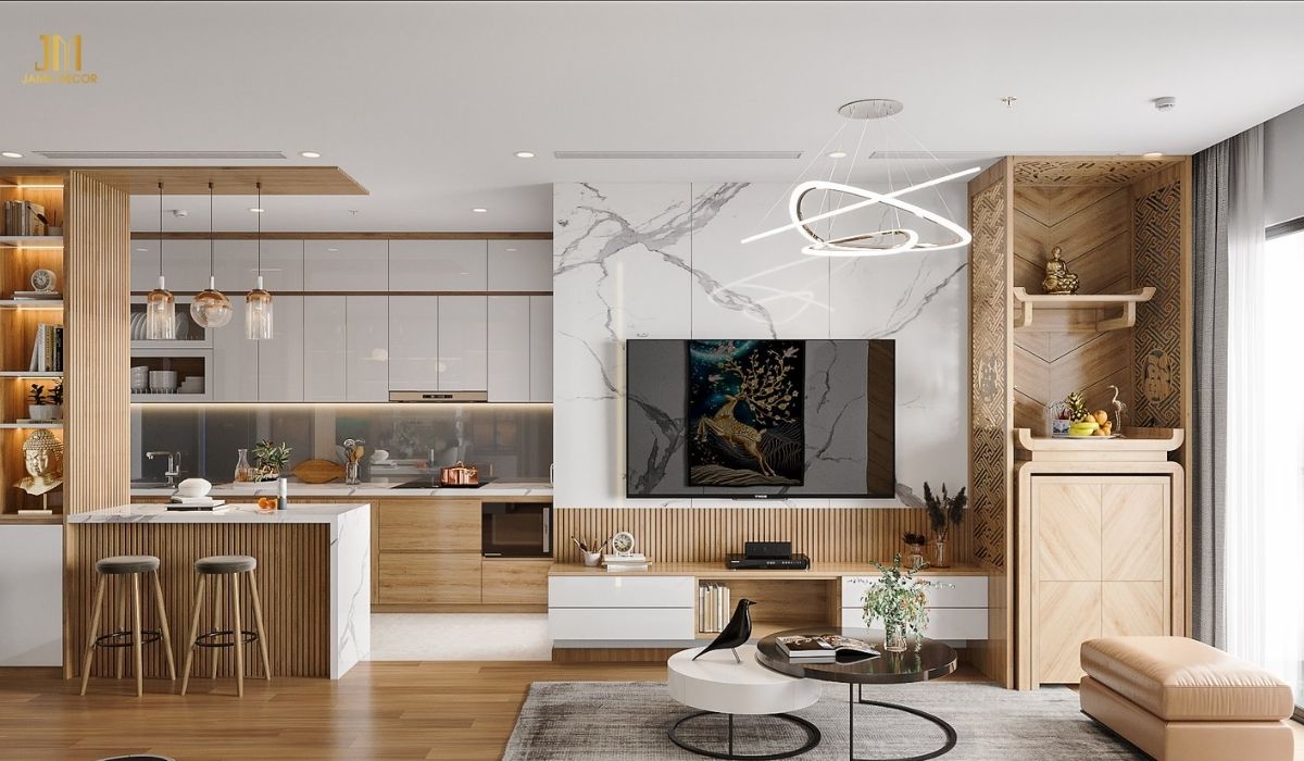 mẫu nội thất kệt hợp giữa màu trắng và màu gỗ tạo cảm giác ấm cúng hài hòa