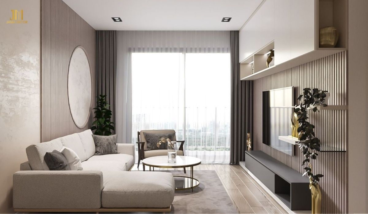 phòng khách có sofa góc, kệ tivi và bàn trà tròn