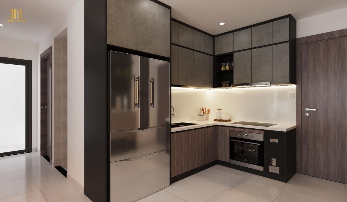 MẪu bếp chữ L có tone màu tối tạo điểm nhấn cho căn nhà