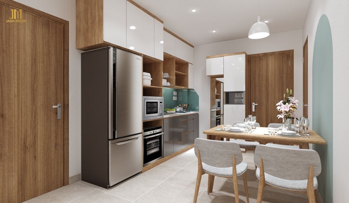 bếp chữ i gỗ công nghiệp sang trọng