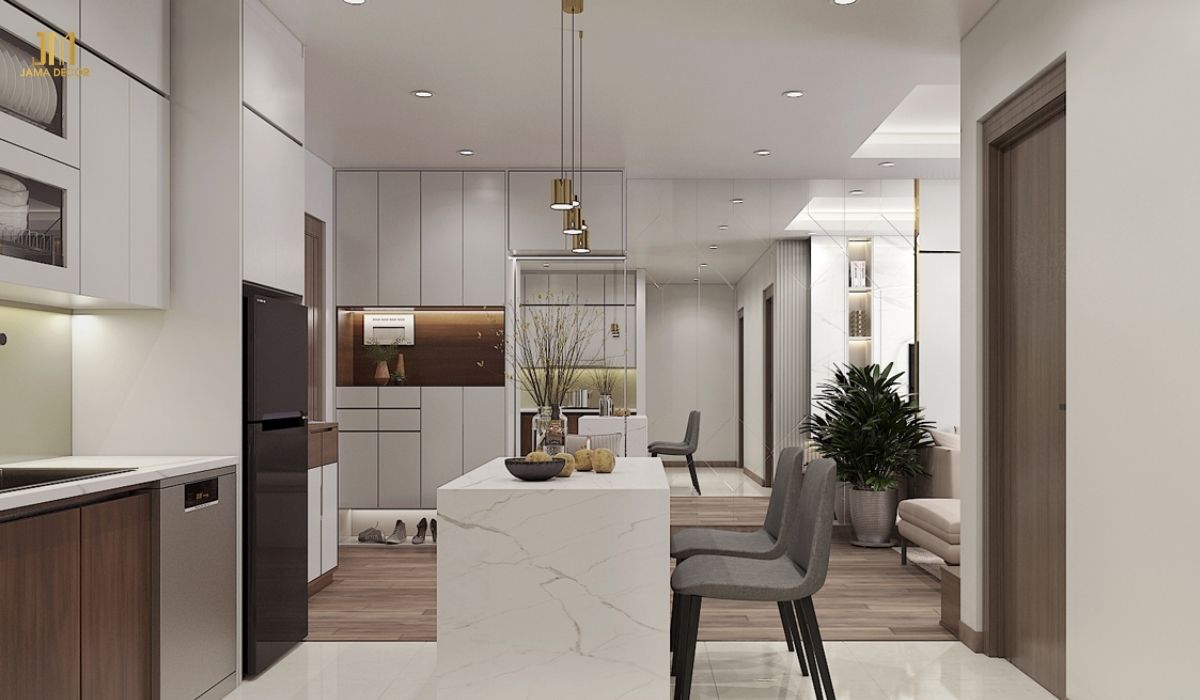 bếp chung cư có bàn đảo tích hợp bàn ăn tiện lợi