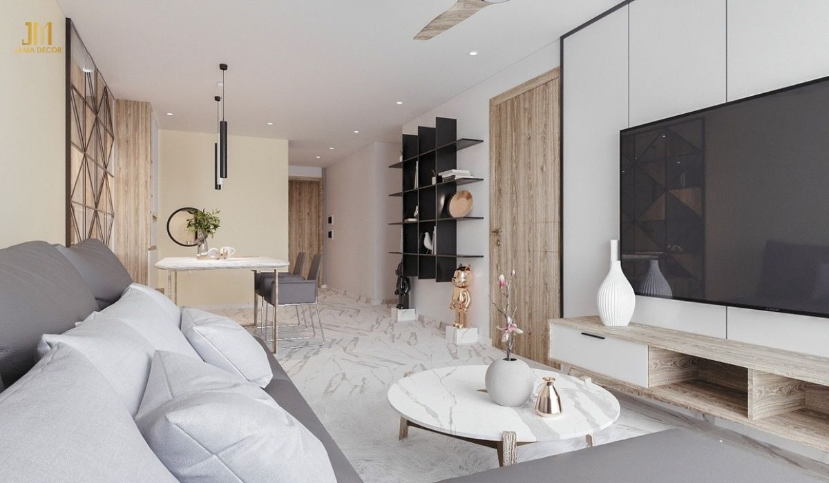 phòng khách có kệ treo tường hiện đại