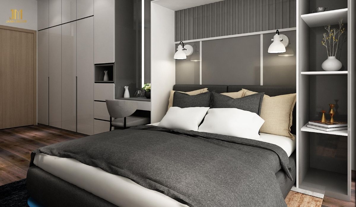 Phòng ngủ với hệ tủ âm tường giúp tiết kiệm diện tích