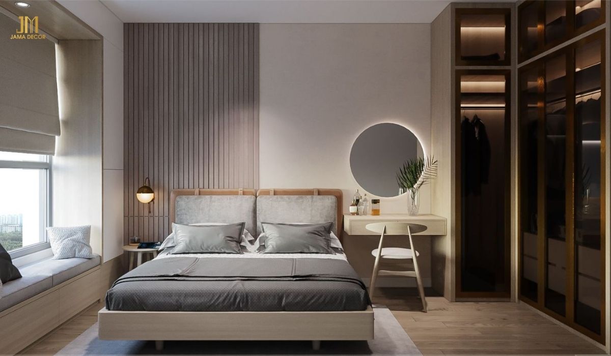 Nội thất phòng ngủ chung cư hiện đại được làm từ gỗ công nghiệp