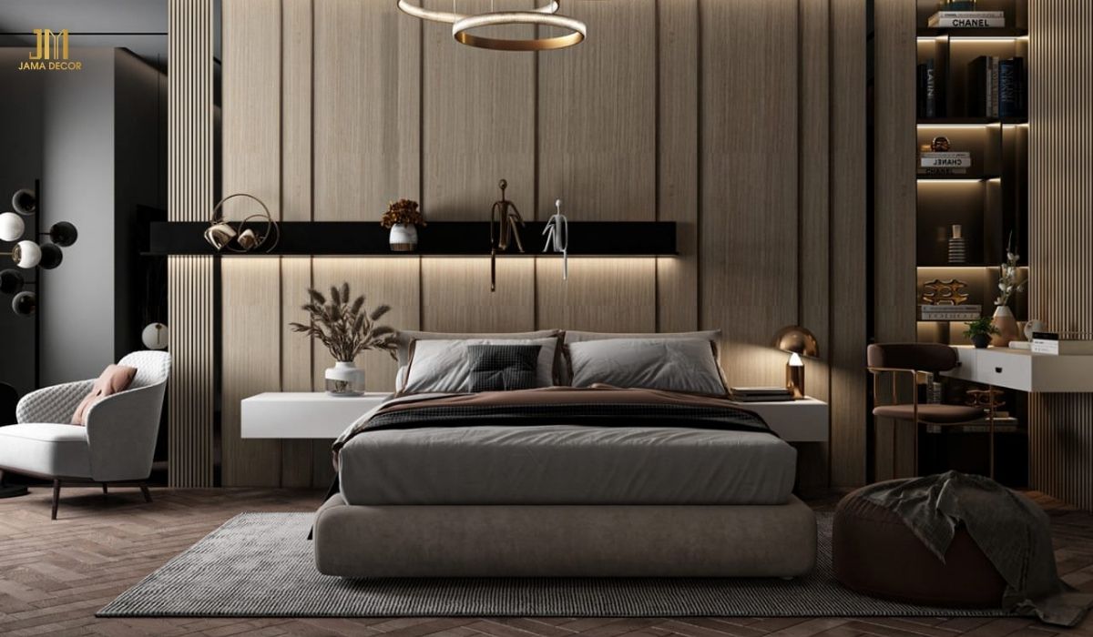 Phòng ngủ master có tone màu tối tạo cảm giác huyền bí, sang trọng