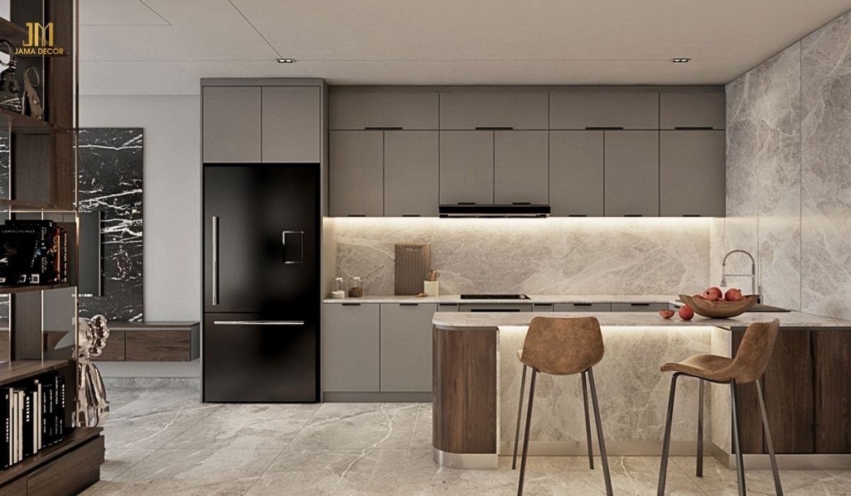 Mẫu bếp chữ U tận dụng bàn đảo để làm bàn ăn giúp tiết kiệm diện tích