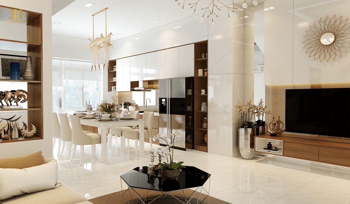 Mẫu bếp hiện đại sử dụng tone màu trắng làm chủ đạo, kết hợp với đèn thả tạo cảm giác sang trọng 