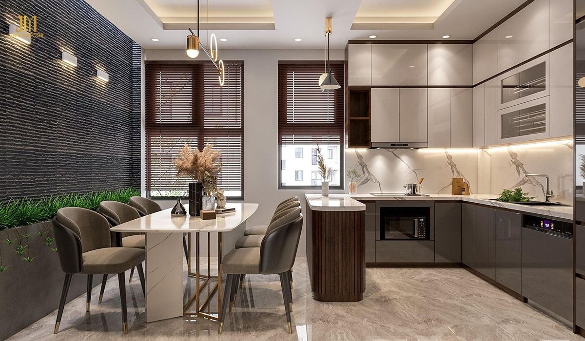 Mẫu bếp chữ U hiện đại sử dụng nhiều phụ kiện bếp thông minh