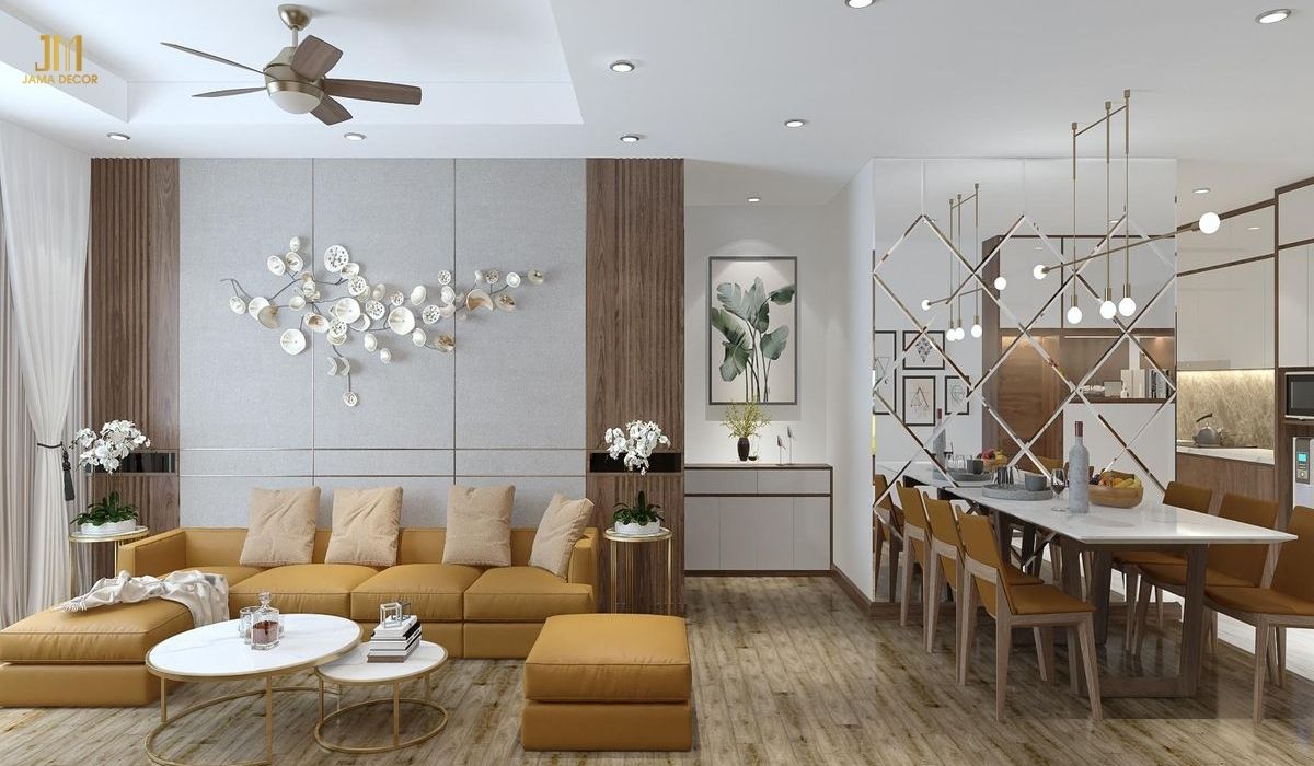 Phòng khách liền bếp tạo không gian mở giúp căn hộ trở nên rộng rãi hơn