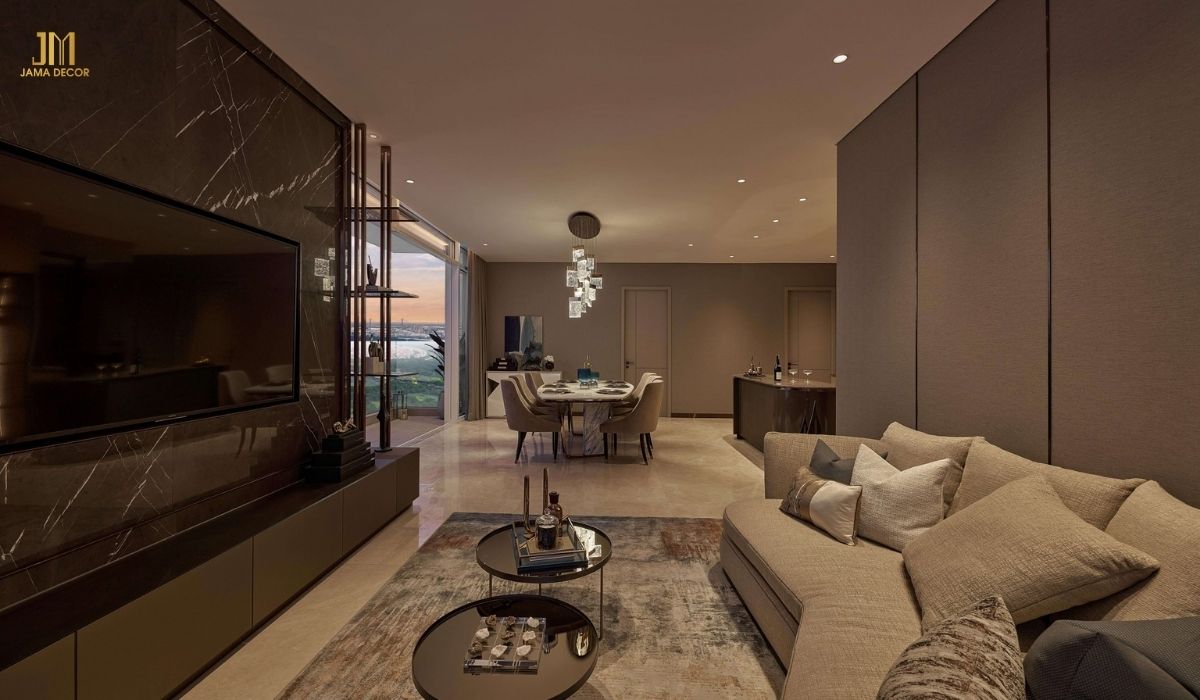 Phòng khách với tone màu tối tạo cảm giác mạnh mẽ, sang trọng