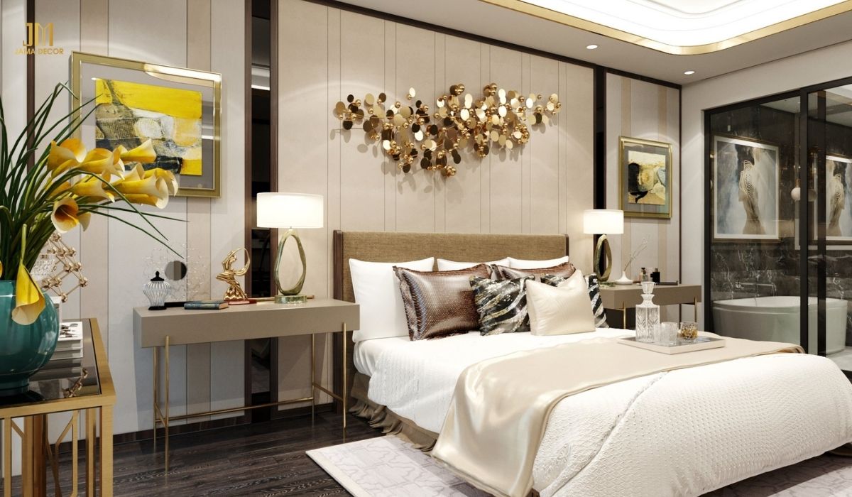 Đặt giường tựa vào tường tạo cảm giác vững chãi và an tâm