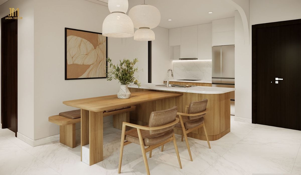 Màu của bàn ăn giống với màu của tủ bếp tạo nên sự đồng nhất với nhau
