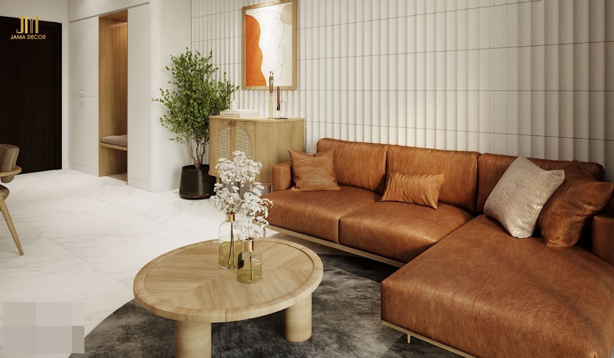 Màu sofa và màu tường đối lập nhau tạo điểm nhấn và chiều sâu cho căn phòng