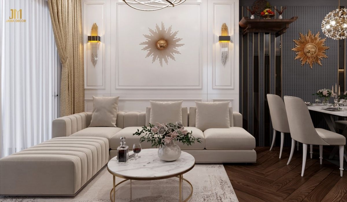 Phòng khách chung cư theo phong cách tân cổ điển quý phái, sang trọng
