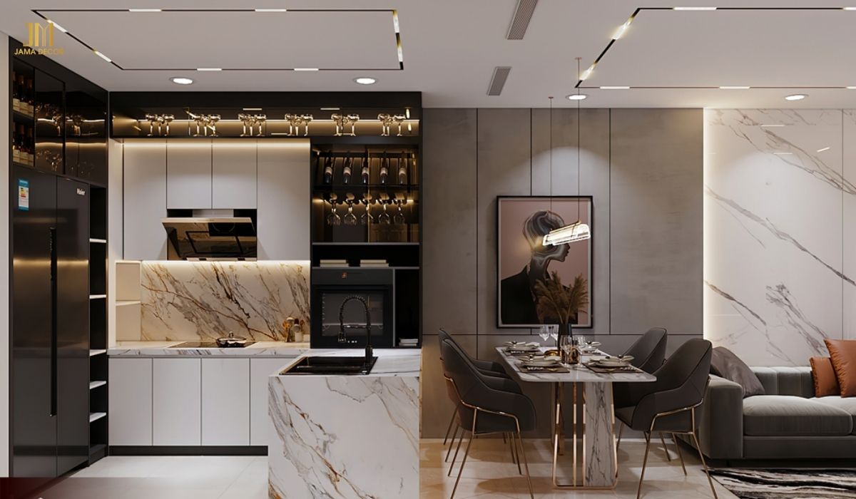 Sự kết hợp tinh tế giữa các vật liệu gỗ, đá và kim loại vô cùng sang trọng