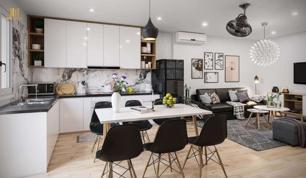 Nội thất căn hộ chung cư 1 phòng ngủ kết hợp 2 màu màu trắng và đen vô cùng cuốn hút