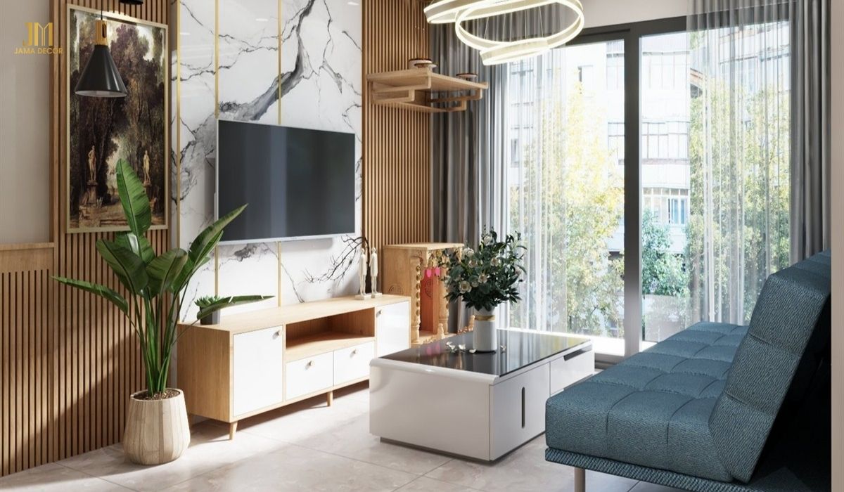 Sử dụng tranh treo tường và cây xanh giúp cho không gian trở nên ấn tượng