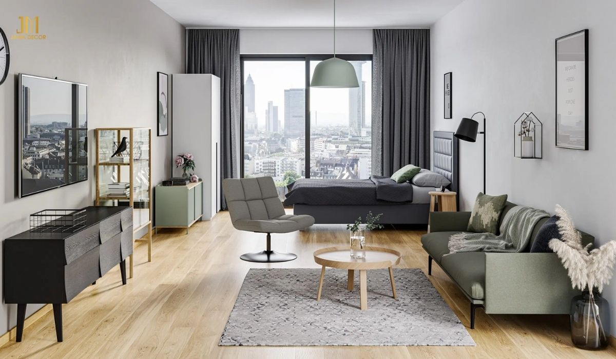 Tường màu trắng kết hợp với nội thất màu xanh và đen tạo điểm nhấn hài hòa