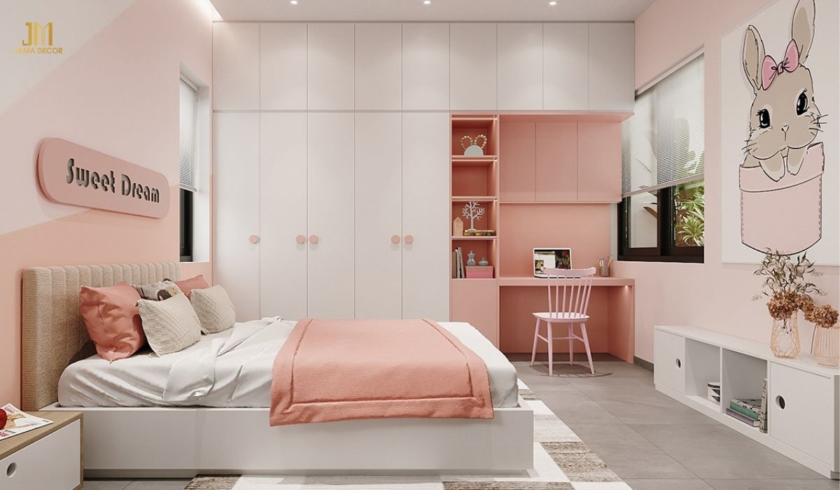 Không gian phòng ngủ chung cư cho bé gái màu hồng dễ thương