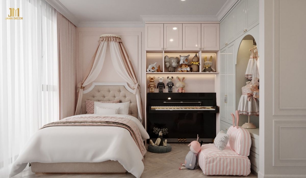 Phòng ngủ chung cư cho bé gái tone màu nhẹ nhàng