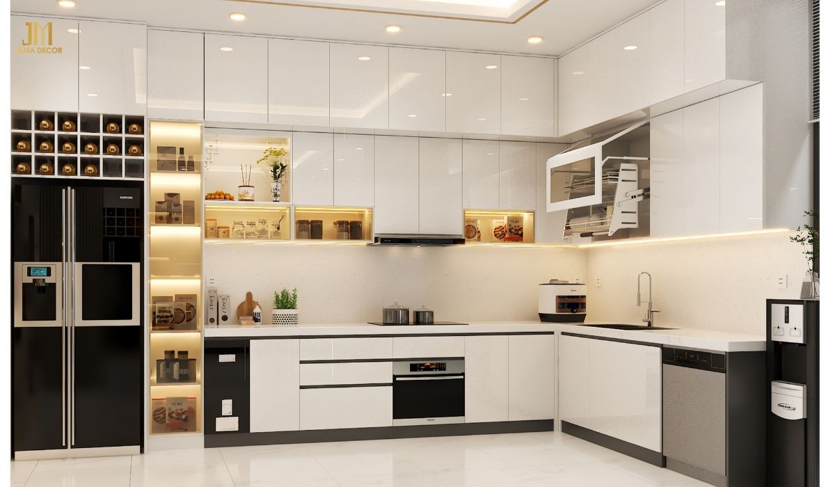 Bếp chữ L sử dụng phụ kiện thông minh