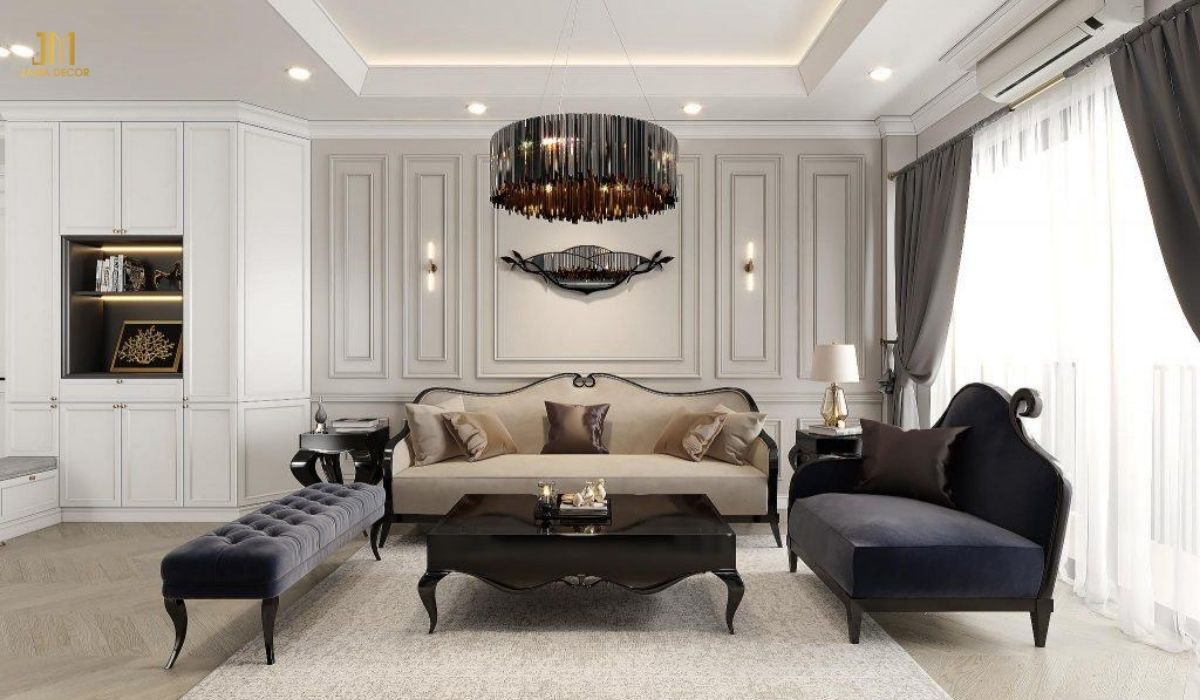 Sofa phòng khách chung cư phong cách tân cổ điển sử dụng chất liệu nhung cao cấp