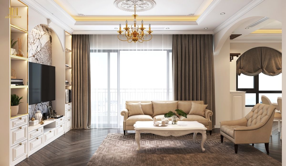 Phòng khách chung cư tân cổ điển ấm cúng