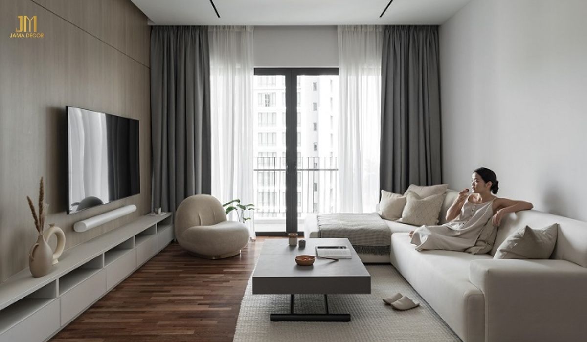 Phòng khách chung cư 3 phòng ngủ theo phong cách tối giản