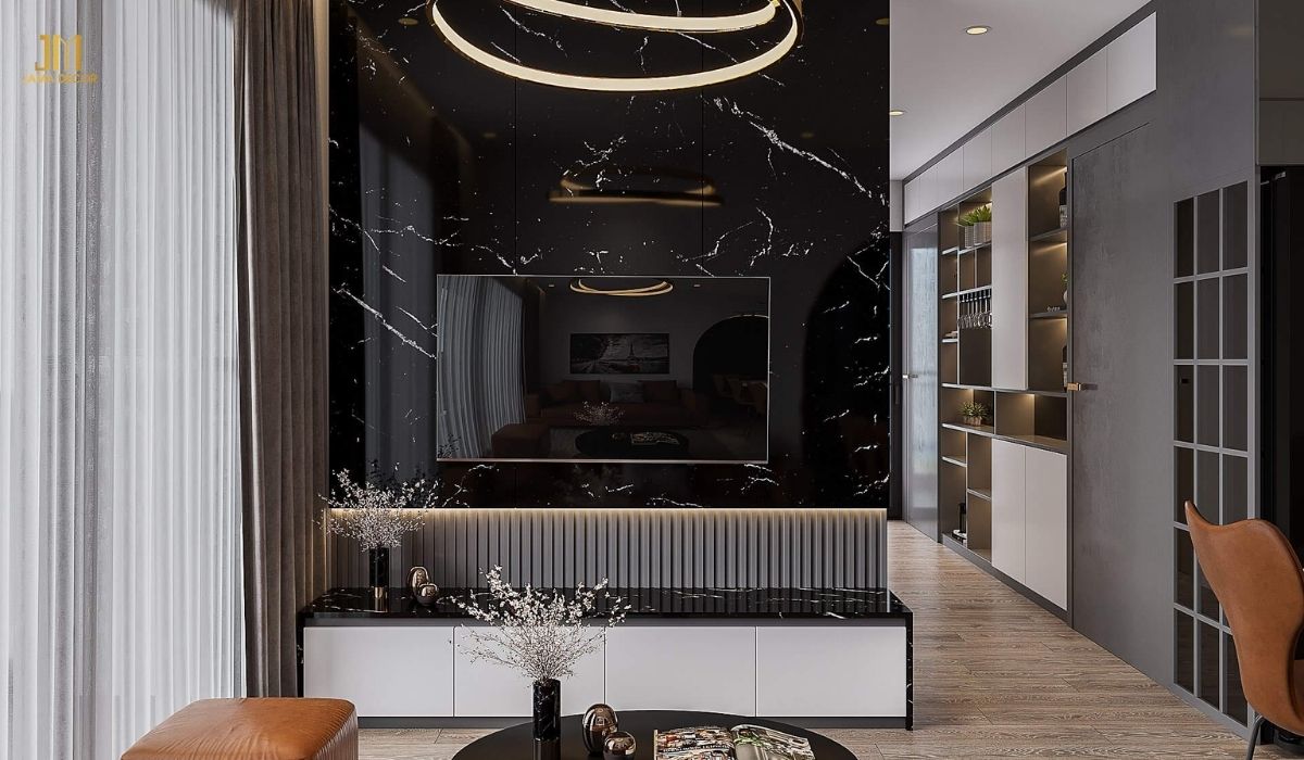 Phòng khách hiện đại có vách ốp tivi bằng đá tạo sang trọng