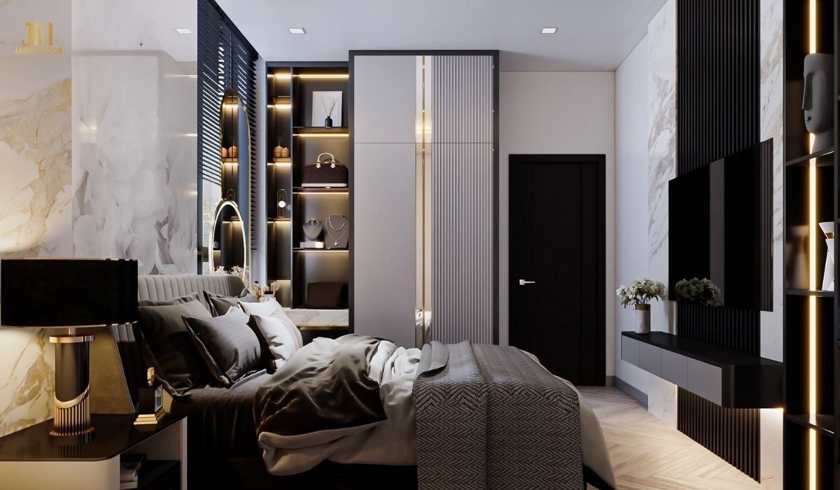 Phòng ngủ sử dụng nội thất được làm từ gỗ công nghiệp