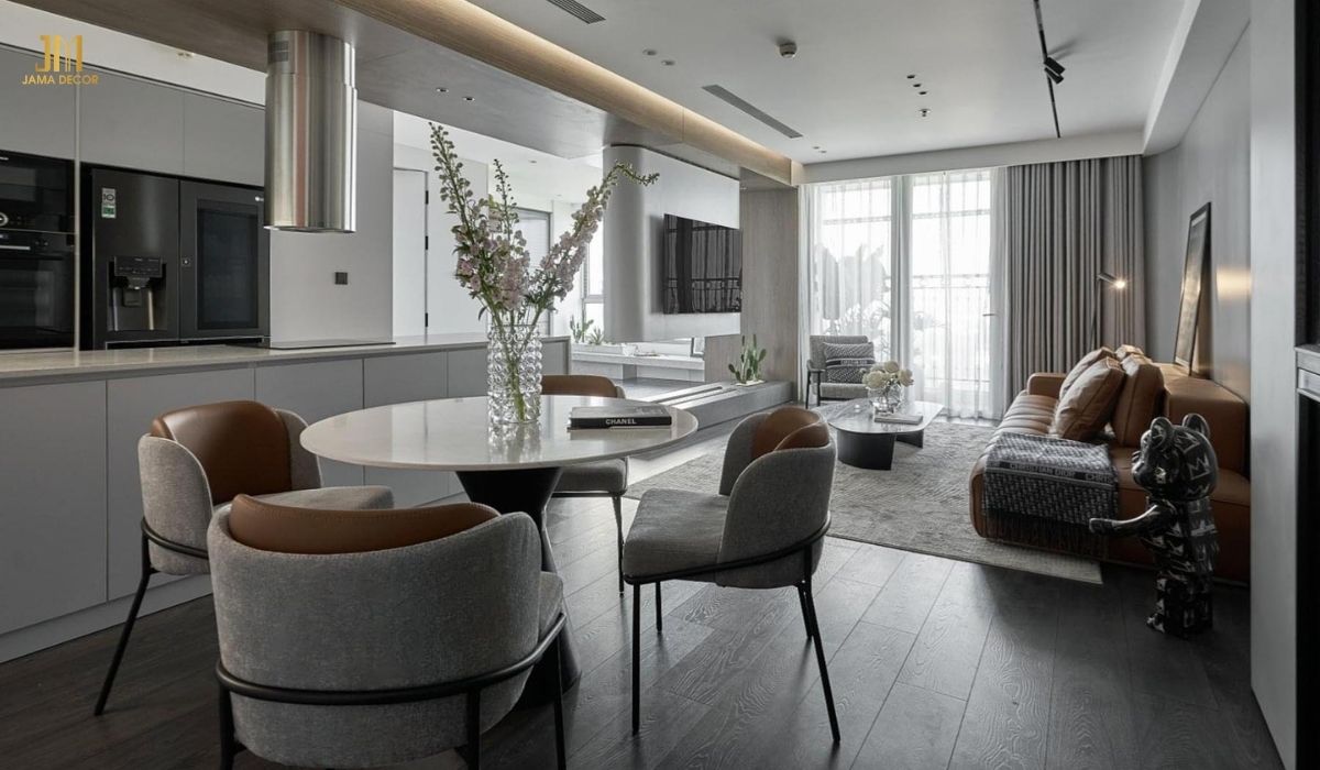 Mẫu nội thất phòng khách chung cư màu xám hợp phong thủy