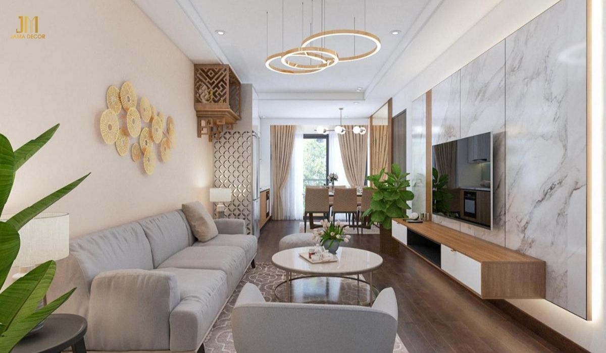 Phòng khách chung cư 60m2 tone màu nhẹ nhàng, sang trọng