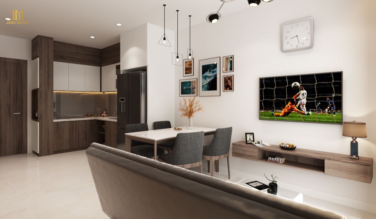 Mẫu phòng khách chung cư 60m2 rộng rãi