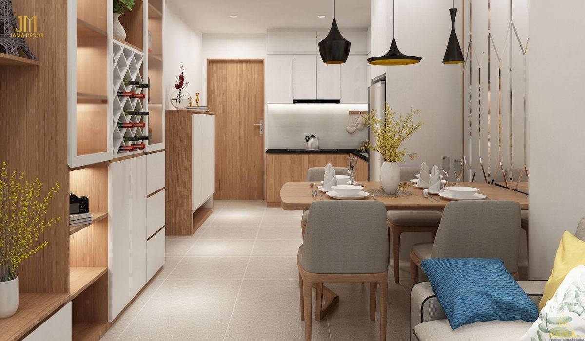 Mẫu thiết kế nội thất phòng khách chung cư 60m2 ấm cúng