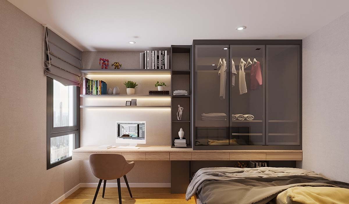 Tủ được thiết kế vừa vặn với không gian và tạo ra một không gian lưu trữ hiệu quả