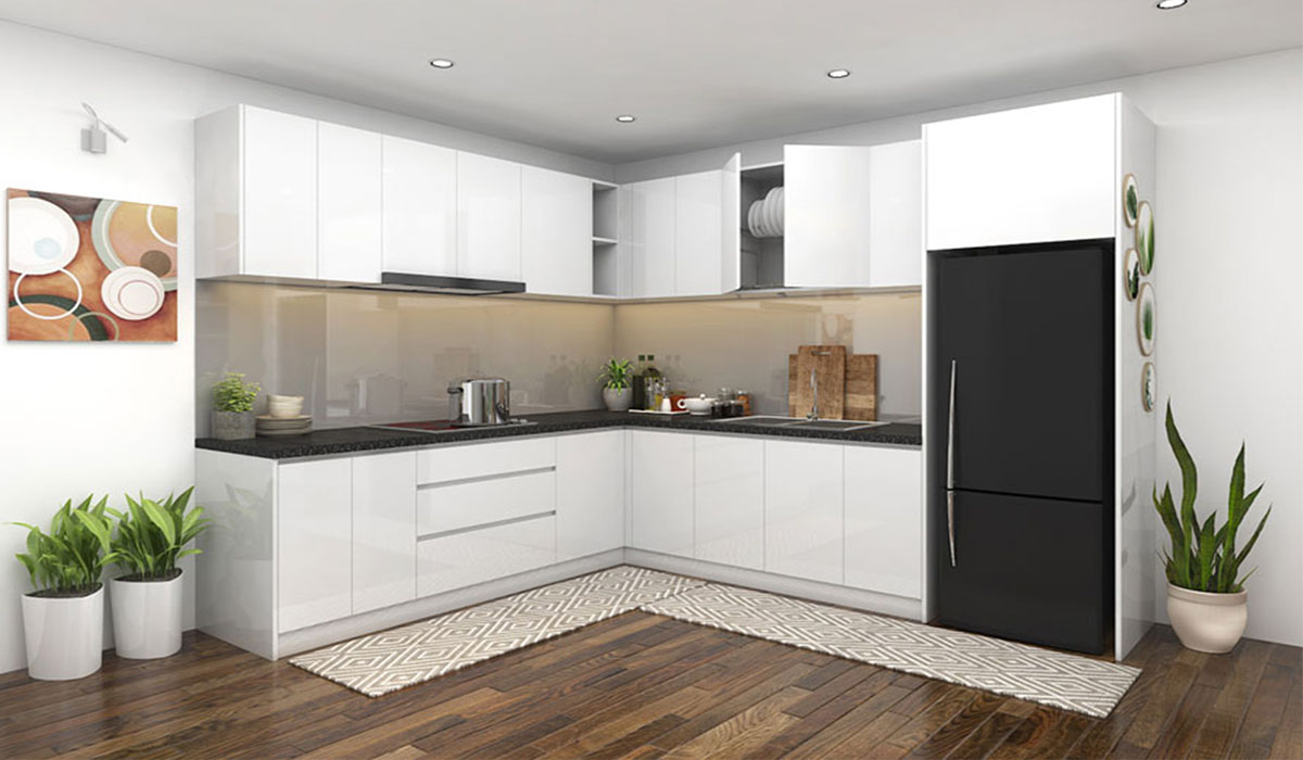 Thiết kế bếp chung cư chữ L làm cho không gian nấu ăn trở nên tiện nghi, tạo nên các cuộn tụ họp bạn bè vui vẻ