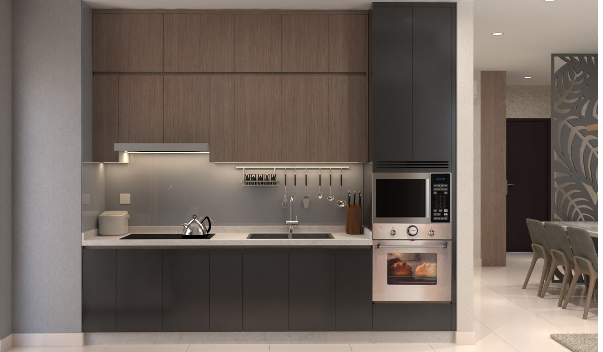 Nội thất trong căn bếp chung cư được sắp xếp hợp lý, tạo ra không gian tiện nghi