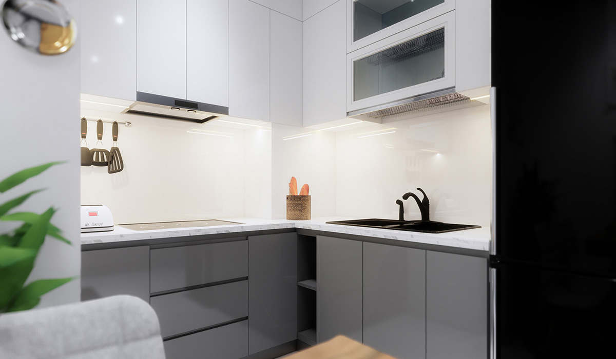 Tủ bếp kịch trần rất phù hợp với không gian bếp hẹp