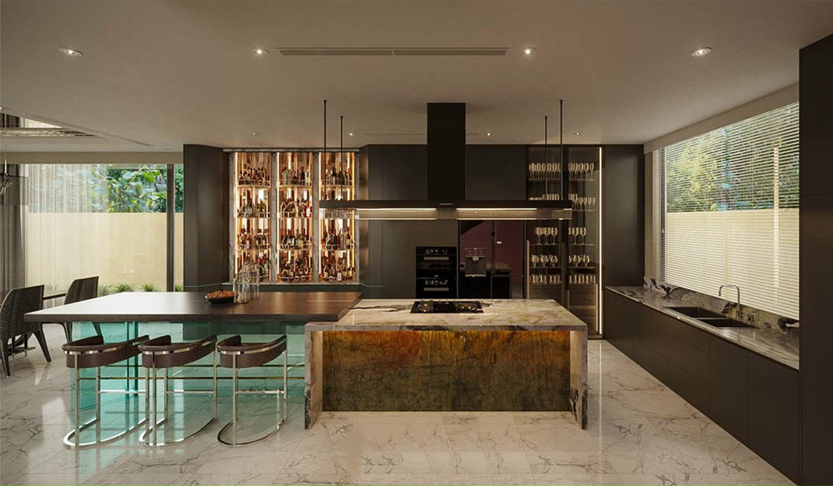 Đảo bếp chính giữa tạo sự tiện lợi, dễ di chuyển khi làm nội thất bếp hiện đại