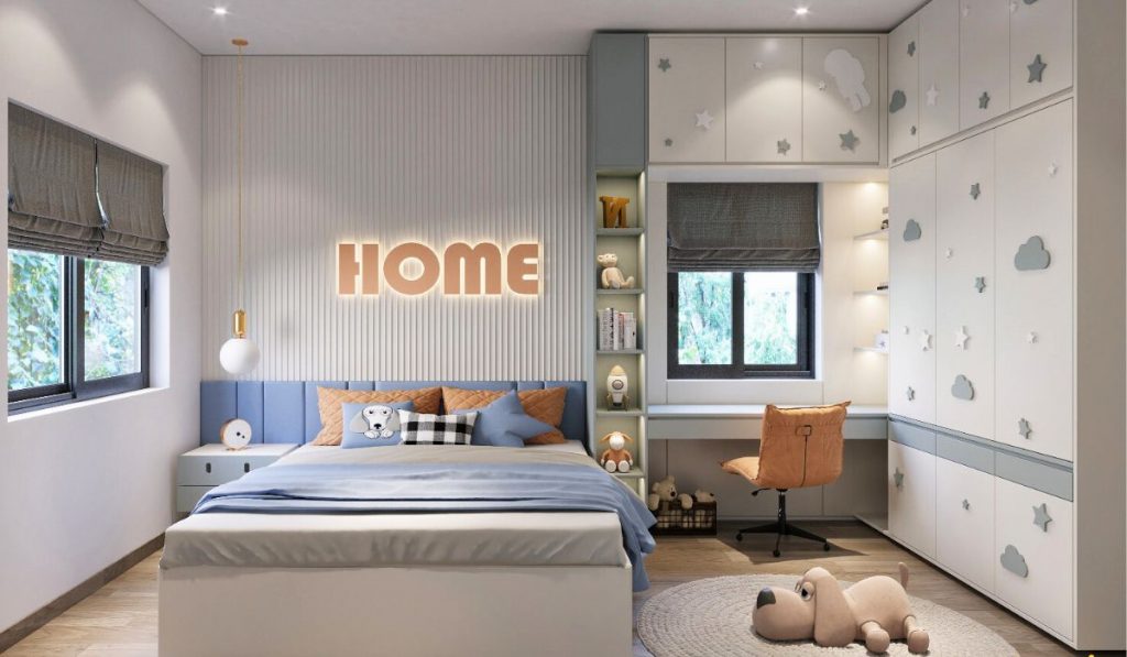 35+ mẫu thiết kế phòng ngủ đẹp cho nhà ống tiện nghi 39 Mẫu phòng ngủ nhà ống màu xanh xinh xắn cho bé trai