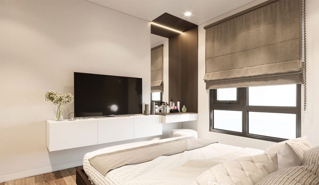 35+ mẫu thiết kế phòng ngủ đẹp cho nhà ống tiện nghi 33 Kệ tivi và bàn trang điểm được thiết kế gần nhau nhưng vẫn tạo được nét thẩm mỹ cho căn phòng